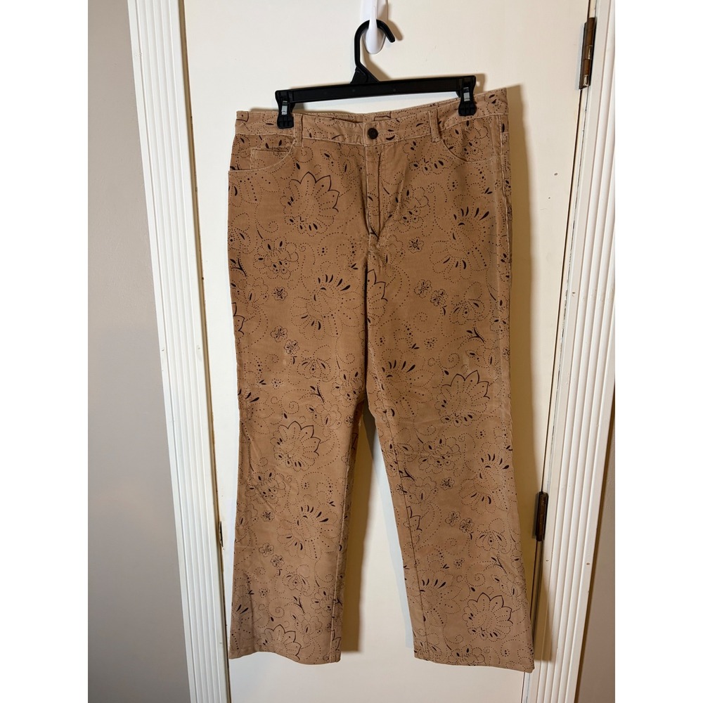 New Frontier Tan Corduroy Floral Print Straight Leg Pants Brown Pattern Size 10